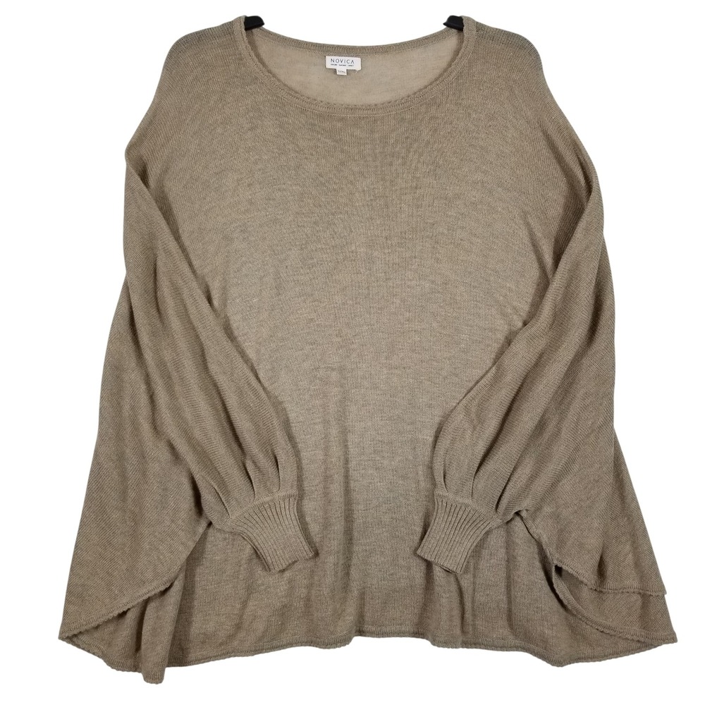 Novica Women‎ Tan Knit Oversized Poncho Sweater Dolman Balloon Sleeve L/XL